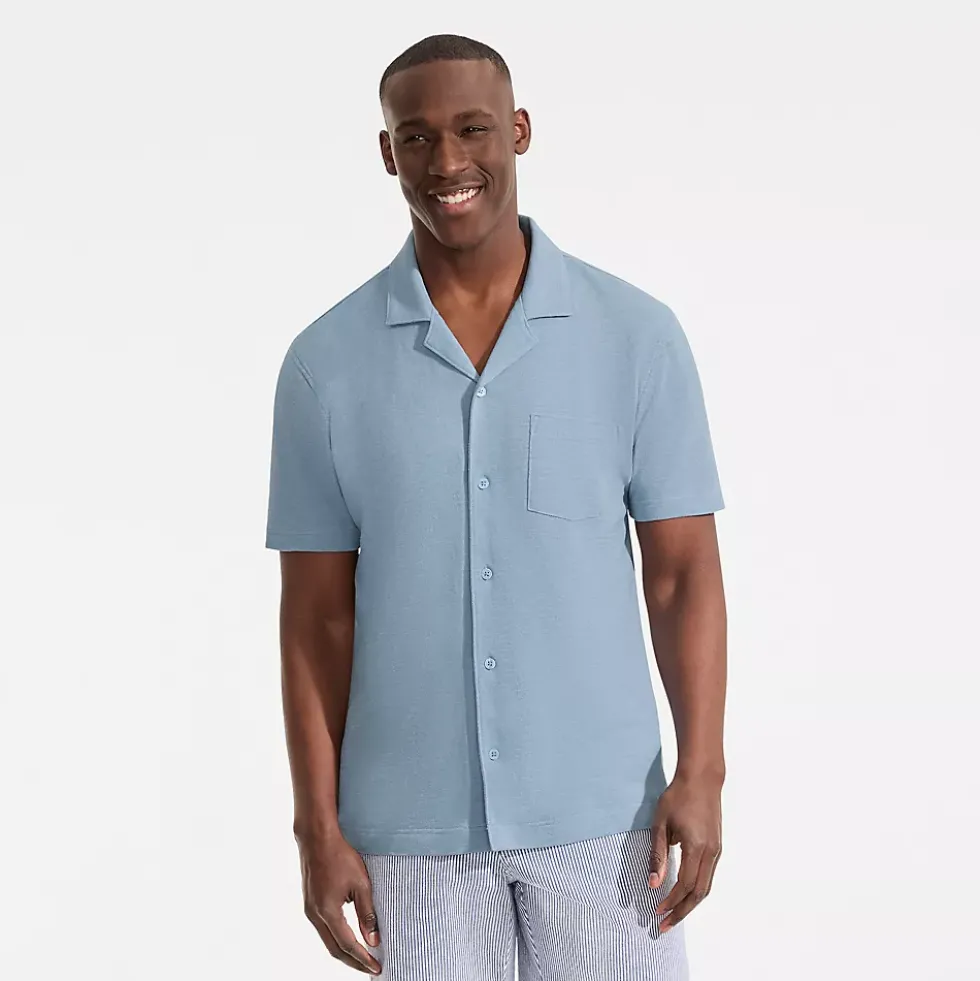 Men's Short Sleeve Cotton Linen Button Through Camp Collar Shirt