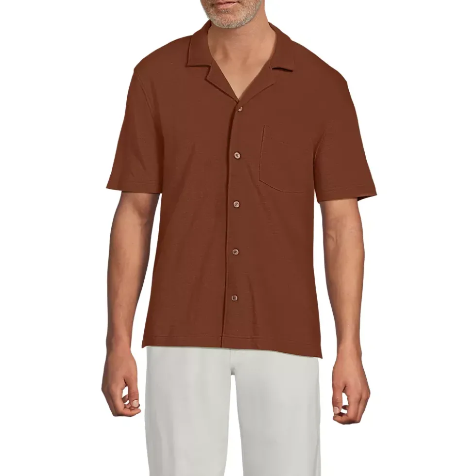 Men's Short Sleeve Cotton Linen Button Through Camp Collar Shirt