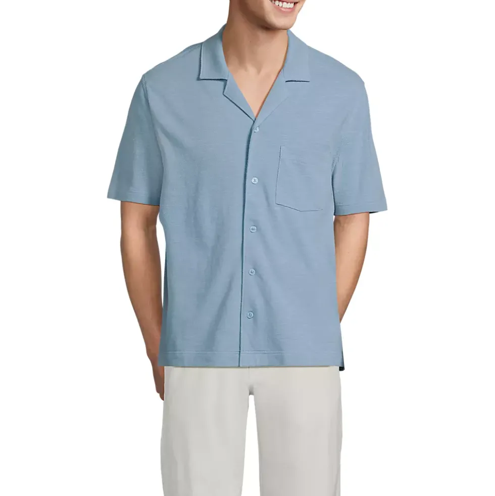 Men's Short Sleeve Cotton Linen Button Through Camp Collar Shirt