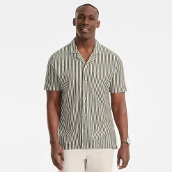 Men's Short Sleeve Cotton Linen Vertical Stripe Button Through Camp Collar Shirt