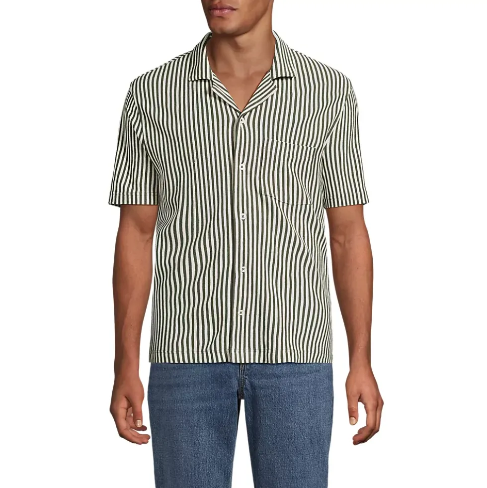 Men's Short Sleeve Cotton Linen Vertical Stripe Button Through Camp Collar Shirt