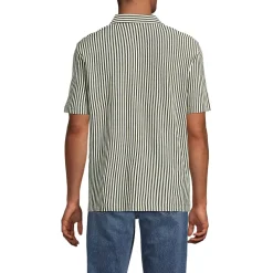 Men's Short Sleeve Cotton Linen Vertical Stripe Button Through Camp Collar Shirt