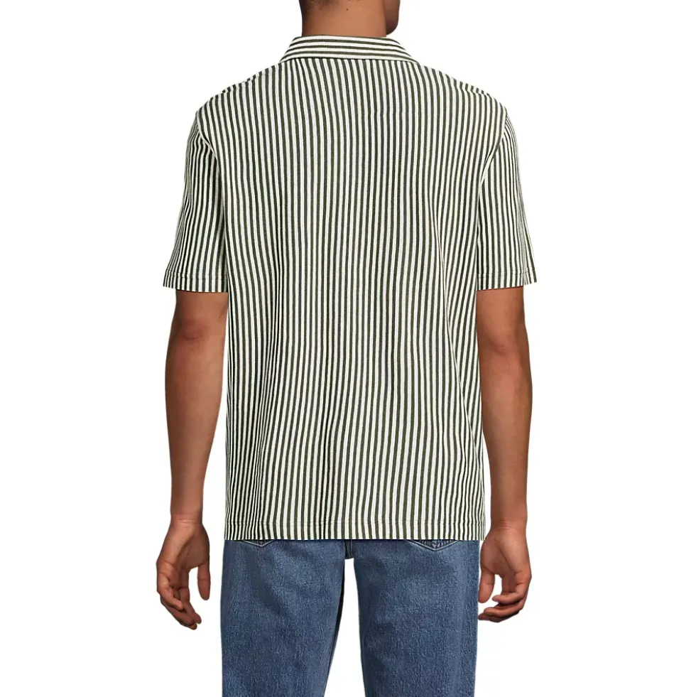 Men's Short Sleeve Cotton Linen Vertical Stripe Button Through Camp Collar Shirt
