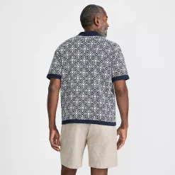 Men's Short Sleeve Tile Jacquard Button Down Sweater Polo