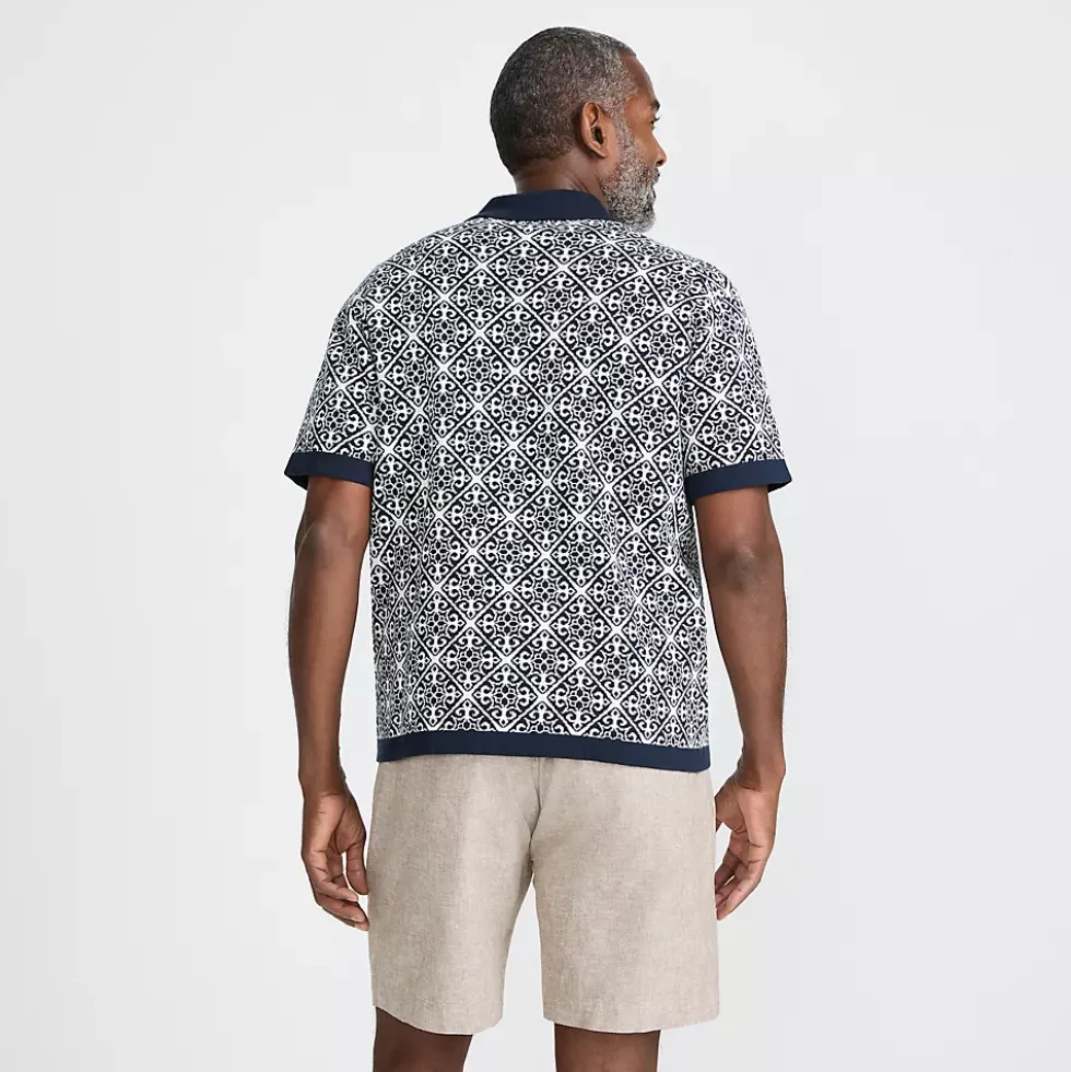 Men's Short Sleeve Tile Jacquard Button Down Sweater Polo