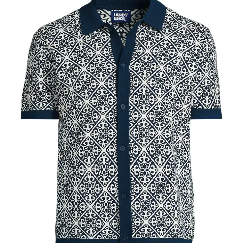 Men's Short Sleeve Tile Jacquard Button Down Sweater Polo
