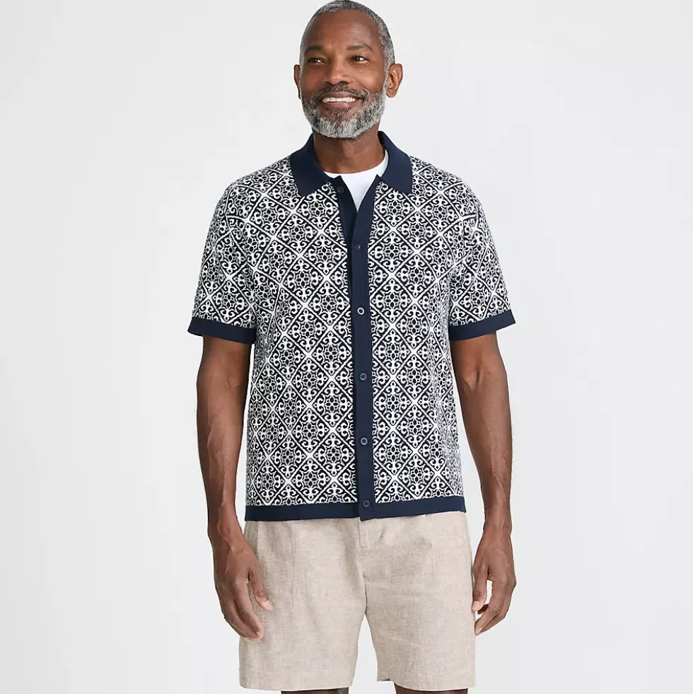 Men's Short Sleeve Tile Jacquard Button Down Sweater Polo