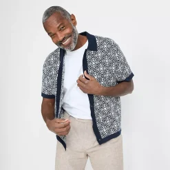 Men's Short Sleeve Tile Jacquard Button Down Sweater Polo