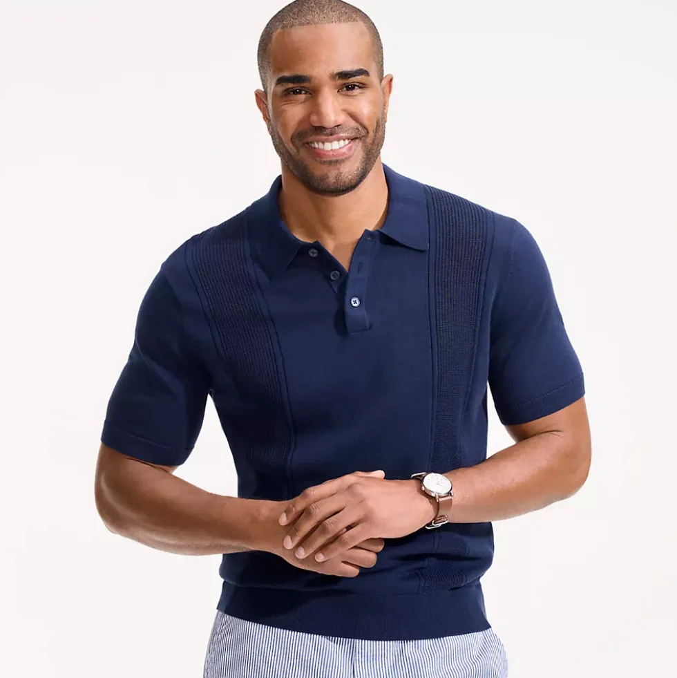 Men's Short Sleeve Vertical Rib Button Down Sweater Polo