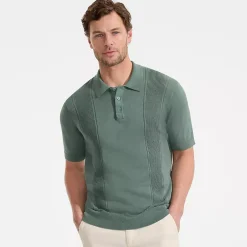 Men's Short Sleeve Vertical Rib Button Down Sweater Polo
