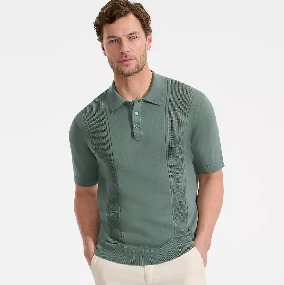 Men's Short Sleeve Vertical Rib Button Down Sweater Polo