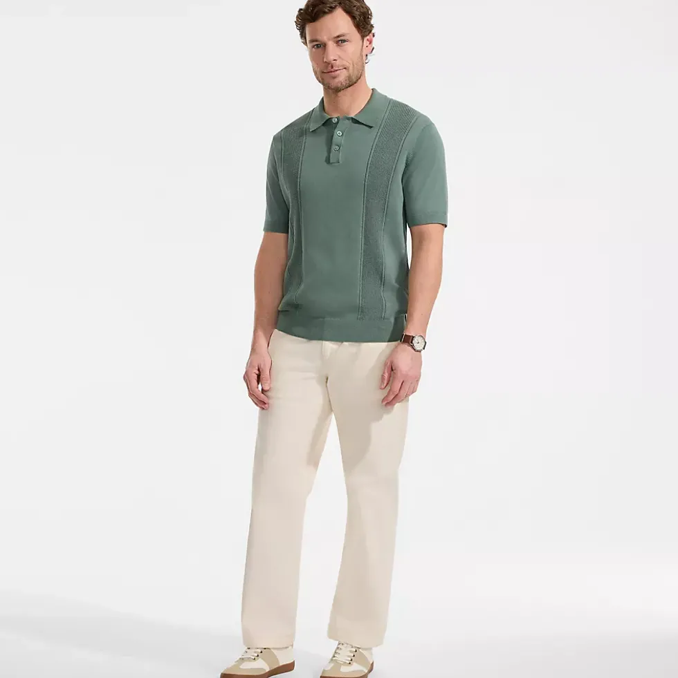 Men's Short Sleeve Vertical Rib Button Down Sweater Polo