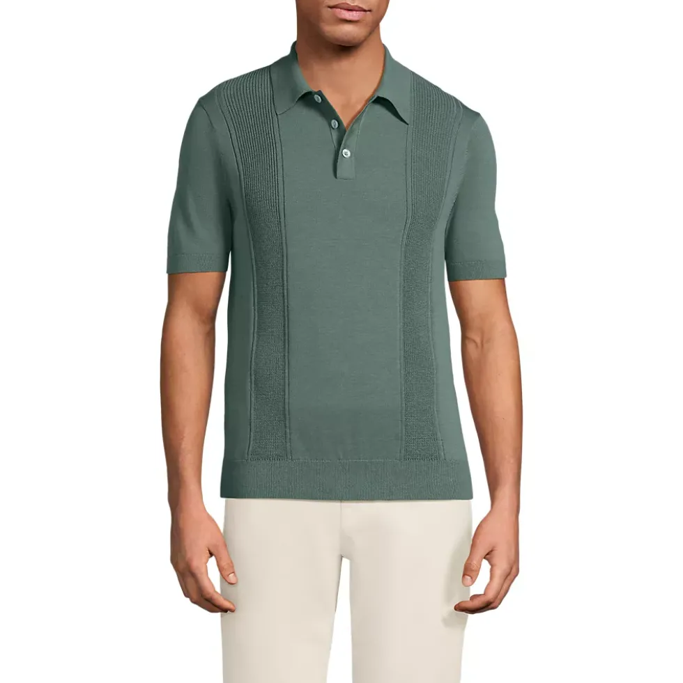 Men's Short Sleeve Vertical Rib Button Down Sweater Polo