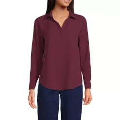School Uniform Women's Long Sleeve Polo Collar Popover Crepe Blouse