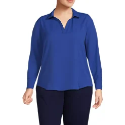 School Uniform Women's Long Sleeve Polo Collar Popover Crepe Blouse