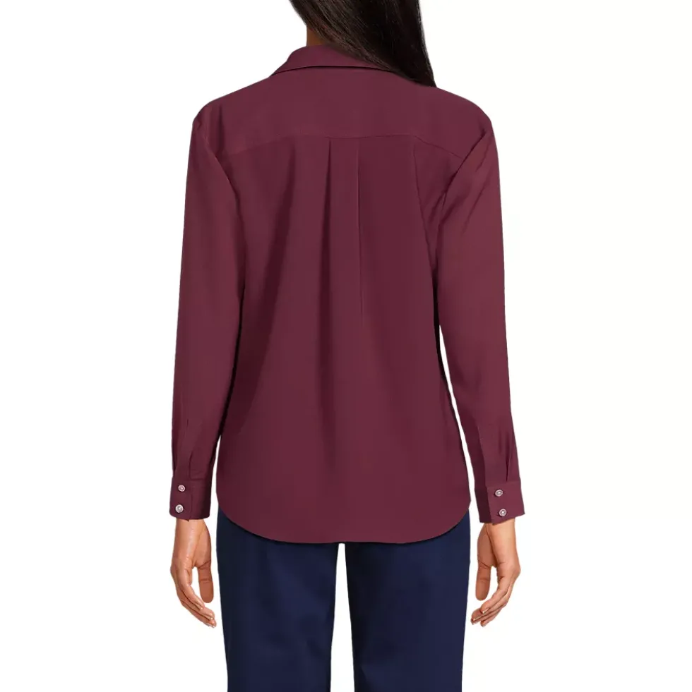 School Uniform Women's Long Sleeve Polo Collar Popover Crepe Blouse