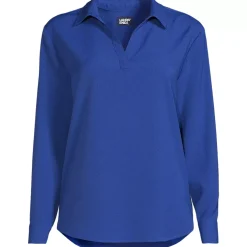 School Uniform Women's Long Sleeve Polo Collar Popover Crepe Blouse