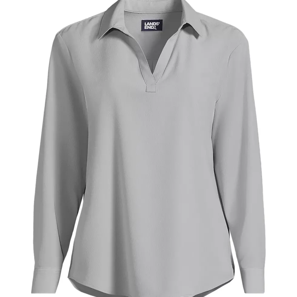 School Uniform Women's Long Sleeve Polo Collar Popover Crepe Blouse