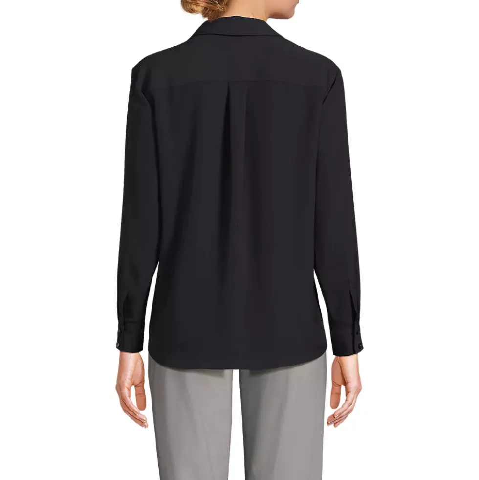 School Uniform Women's Long Sleeve Polo Collar Popover Crepe Blouse