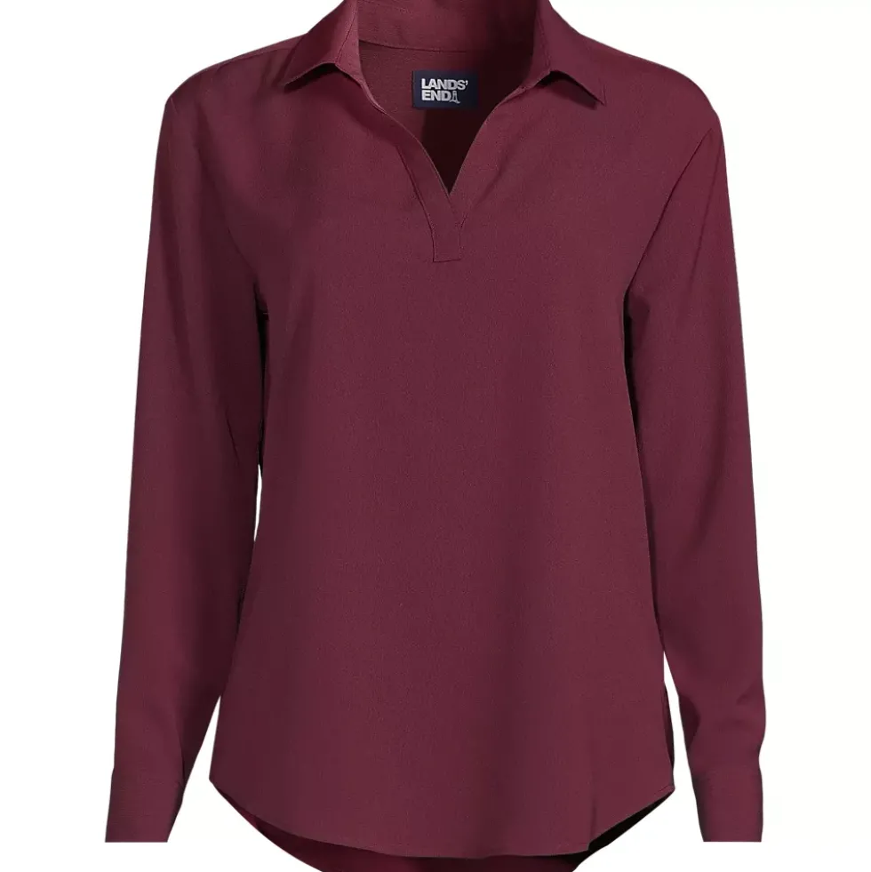School Uniform Women's Long Sleeve Polo Collar Popover Crepe Blouse