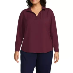 School Uniform Women's Long Sleeve Polo Collar Popover Crepe Blouse