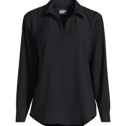 School Uniform Women's Long Sleeve Polo Collar Popover Crepe Blouse