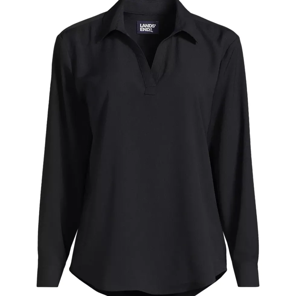 School Uniform Women's Long Sleeve Polo Collar Popover Crepe Blouse