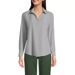School Uniform Women's Long Sleeve Polo Collar Popover Crepe Blouse