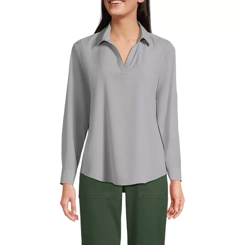 School Uniform Women's Long Sleeve Polo Collar Popover Crepe Blouse
