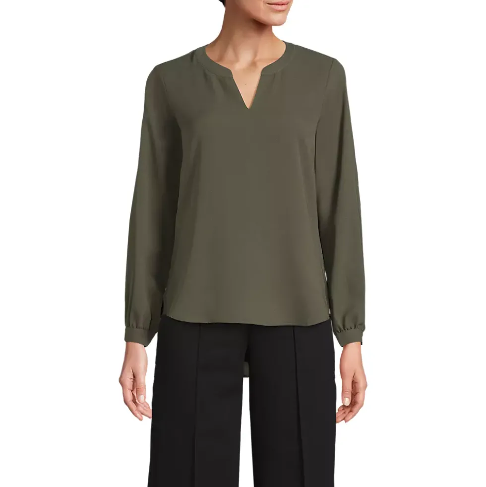 School Uniform Women's Shirred Long Sleeve Split Neck Blouse