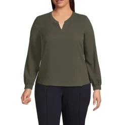 School Uniform Women's Shirred Long Sleeve Split Neck Blouse