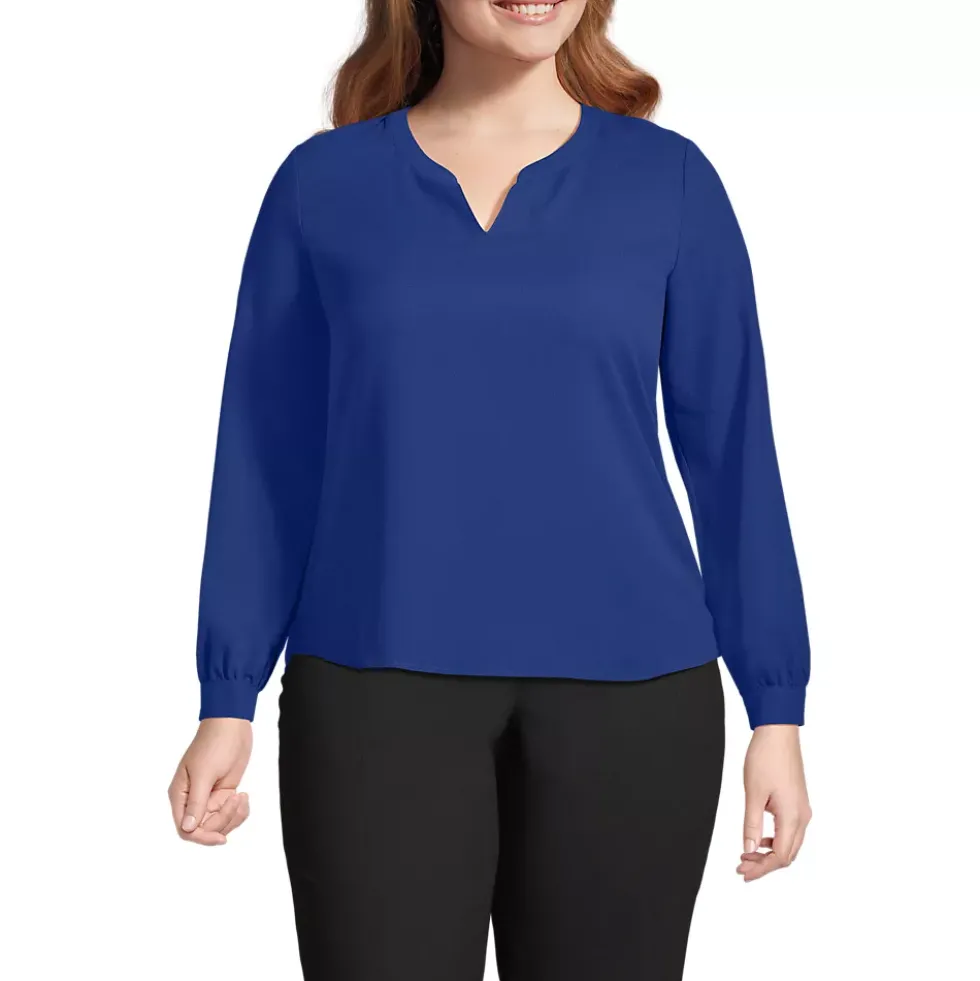 School Uniform Women's Shirred Long Sleeve Split Neck Blouse
