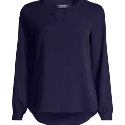 School Uniform Women's Shirred Long Sleeve Split Neck Blouse