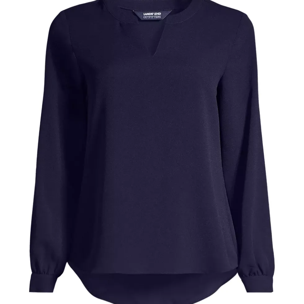 School Uniform Women's Shirred Long Sleeve Split Neck Blouse