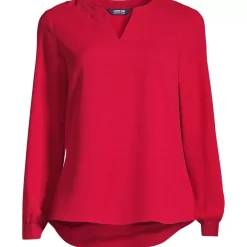 School Uniform Women's Shirred Long Sleeve Split Neck Blouse