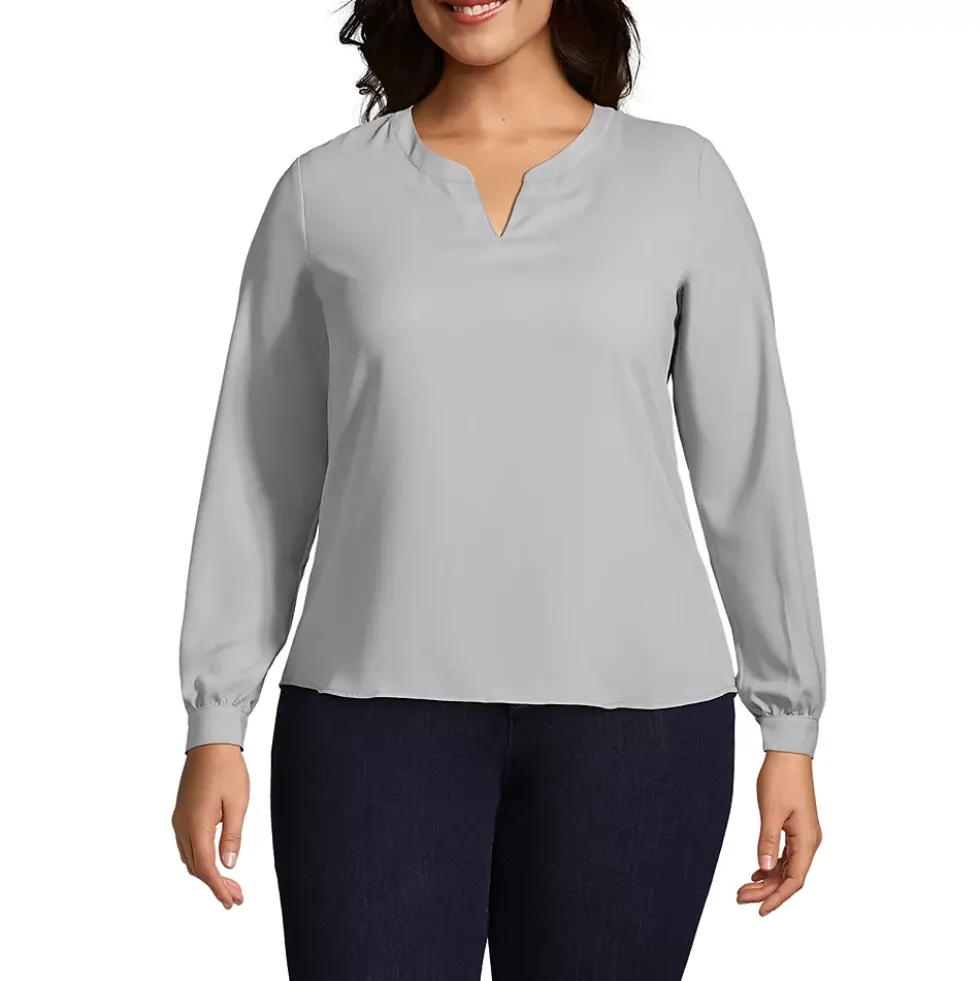 School Uniform Women's Shirred Long Sleeve Split Neck Blouse