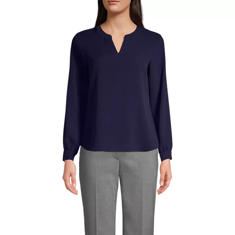 School Uniform Women's Shirred Long Sleeve Split Neck Blouse