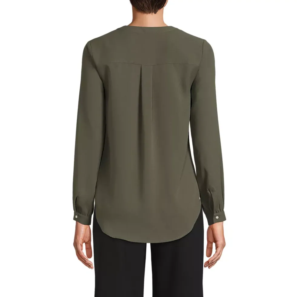 School Uniform Women's Shirred Long Sleeve Split Neck Blouse