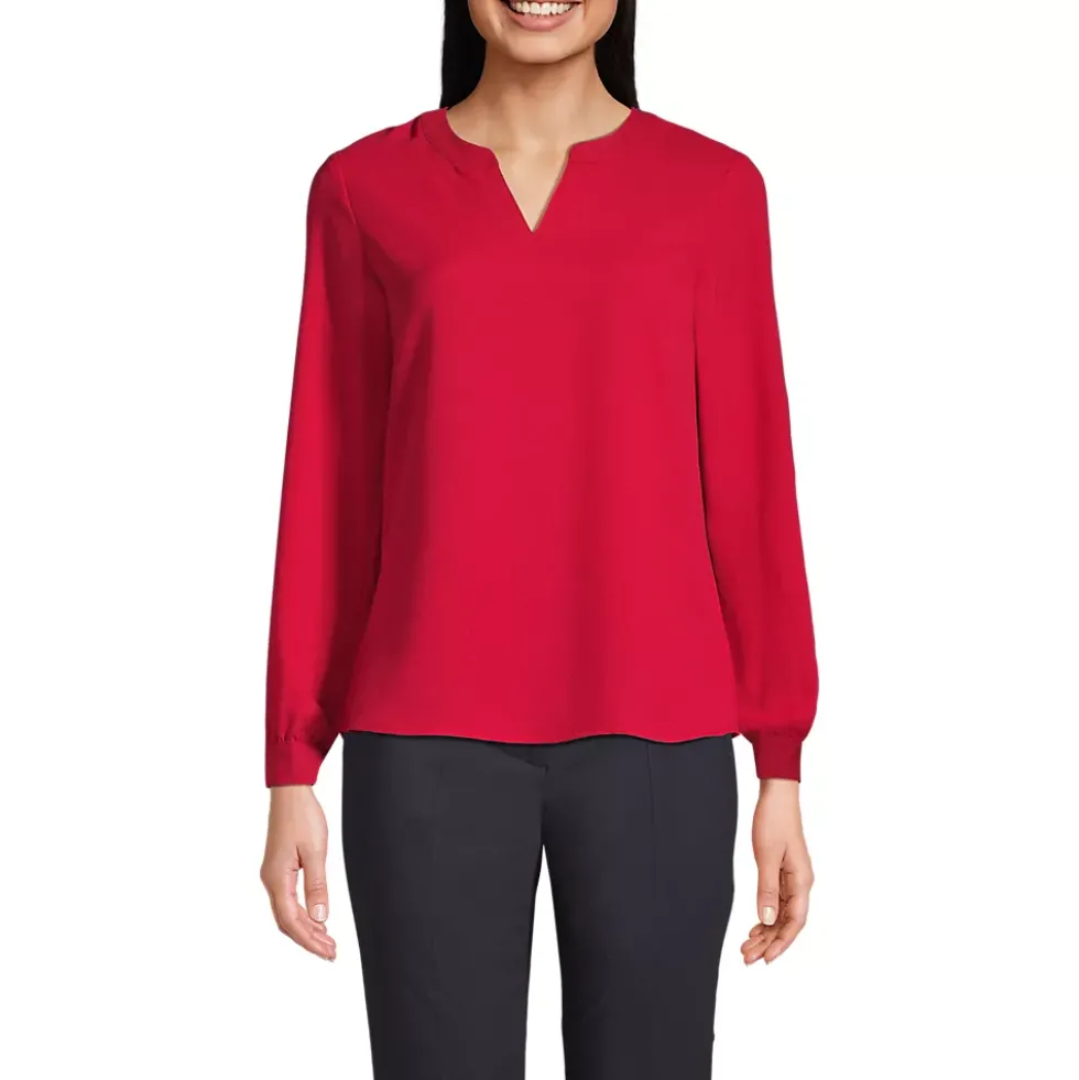 School Uniform Women's Shirred Long Sleeve Split Neck Blouse