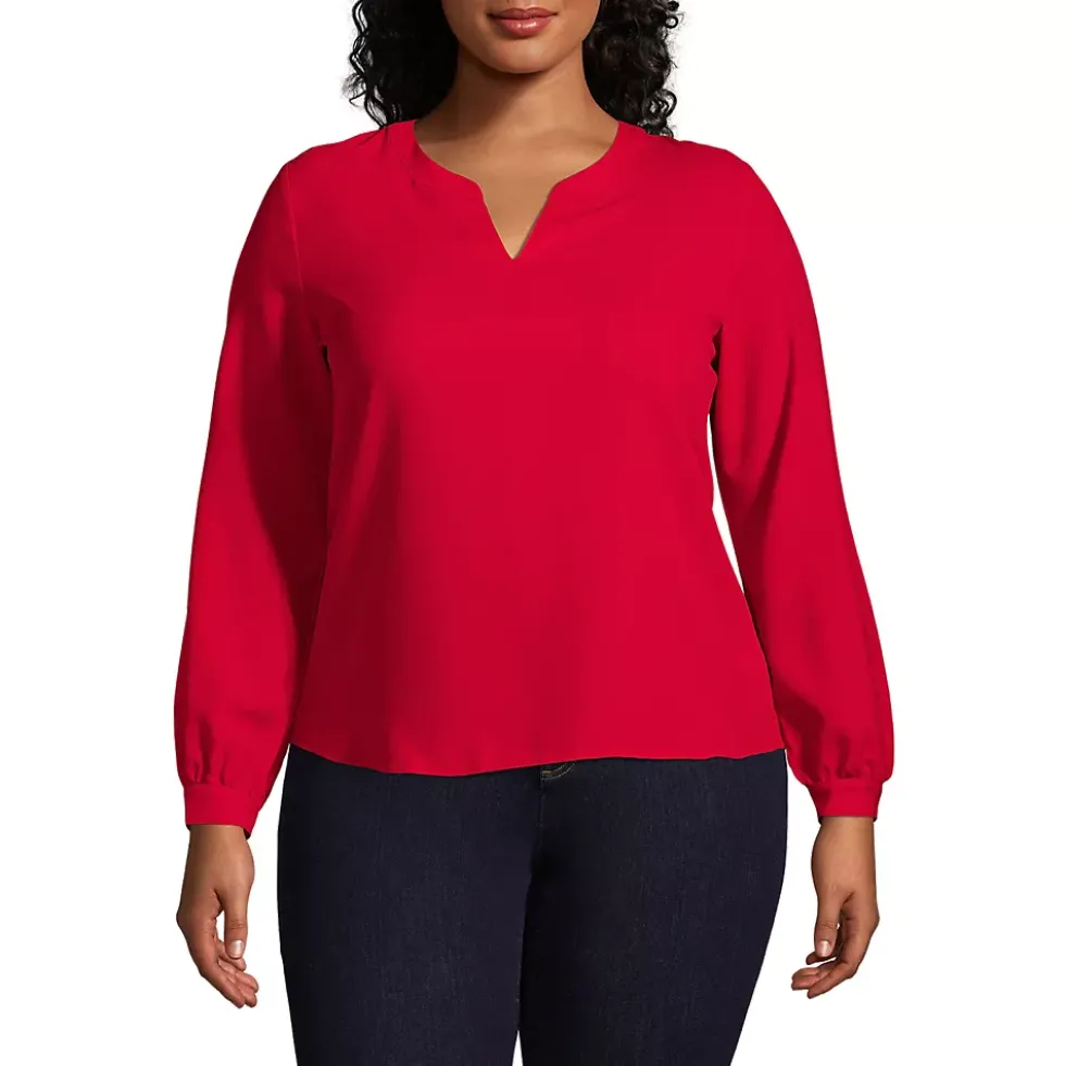 School Uniform Women's Shirred Long Sleeve Split Neck Blouse