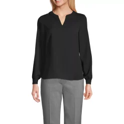 School Uniform Women's Shirred Long Sleeve Split Neck Blouse