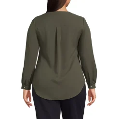 School Uniform Women's Shirred Long Sleeve Split Neck Blouse