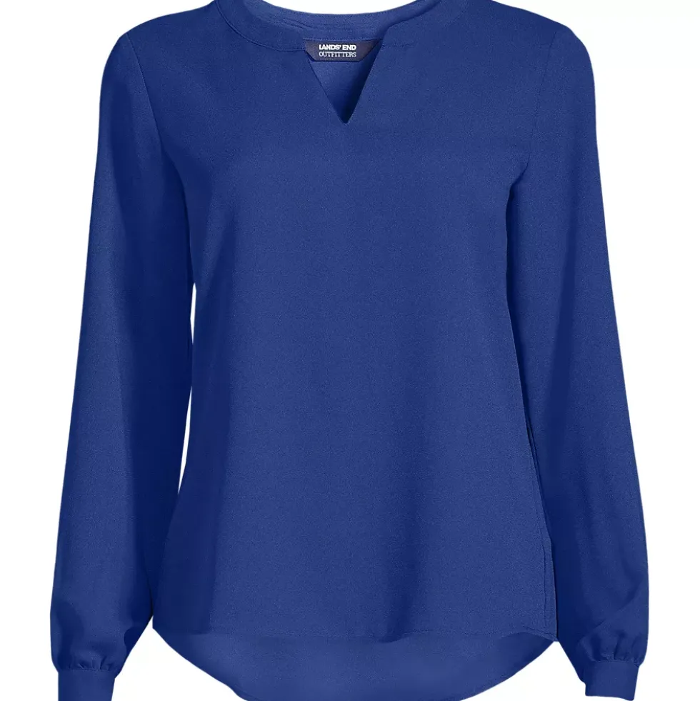 School Uniform Women's Shirred Long Sleeve Split Neck Blouse