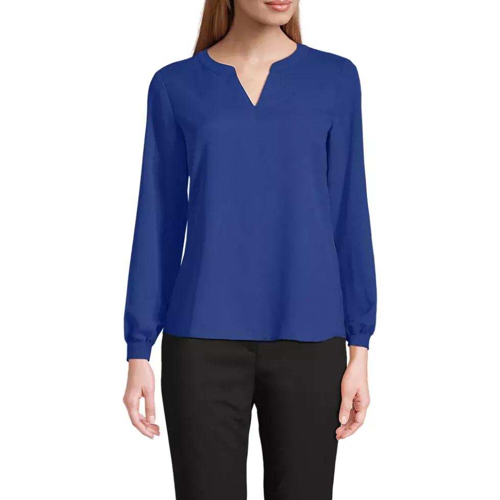 School Uniform Women's Shirred Long Sleeve Split Neck Blouse