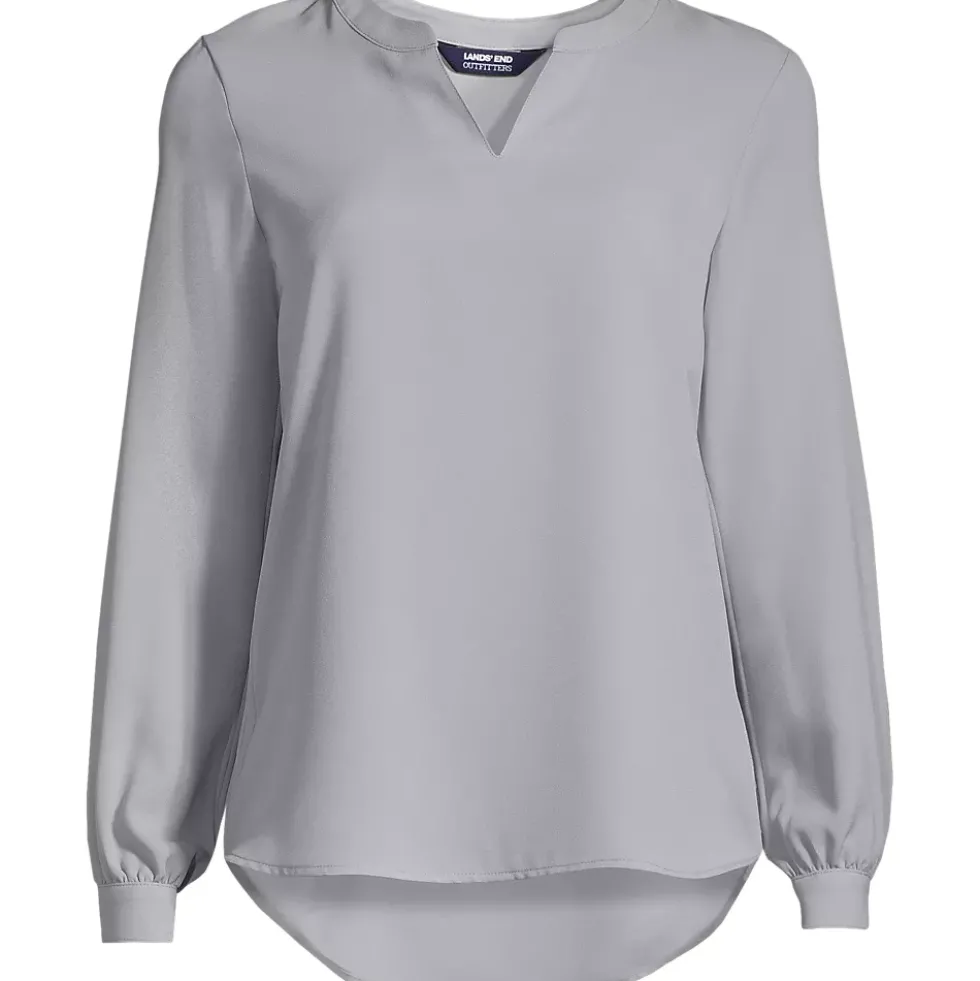 School Uniform Women's Shirred Long Sleeve Split Neck Blouse