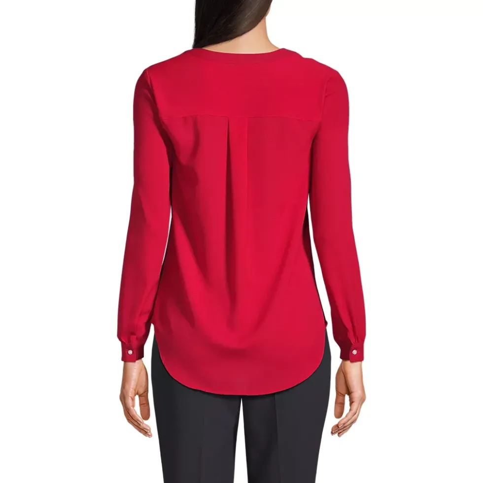 School Uniform Women's Shirred Long Sleeve Split Neck Blouse