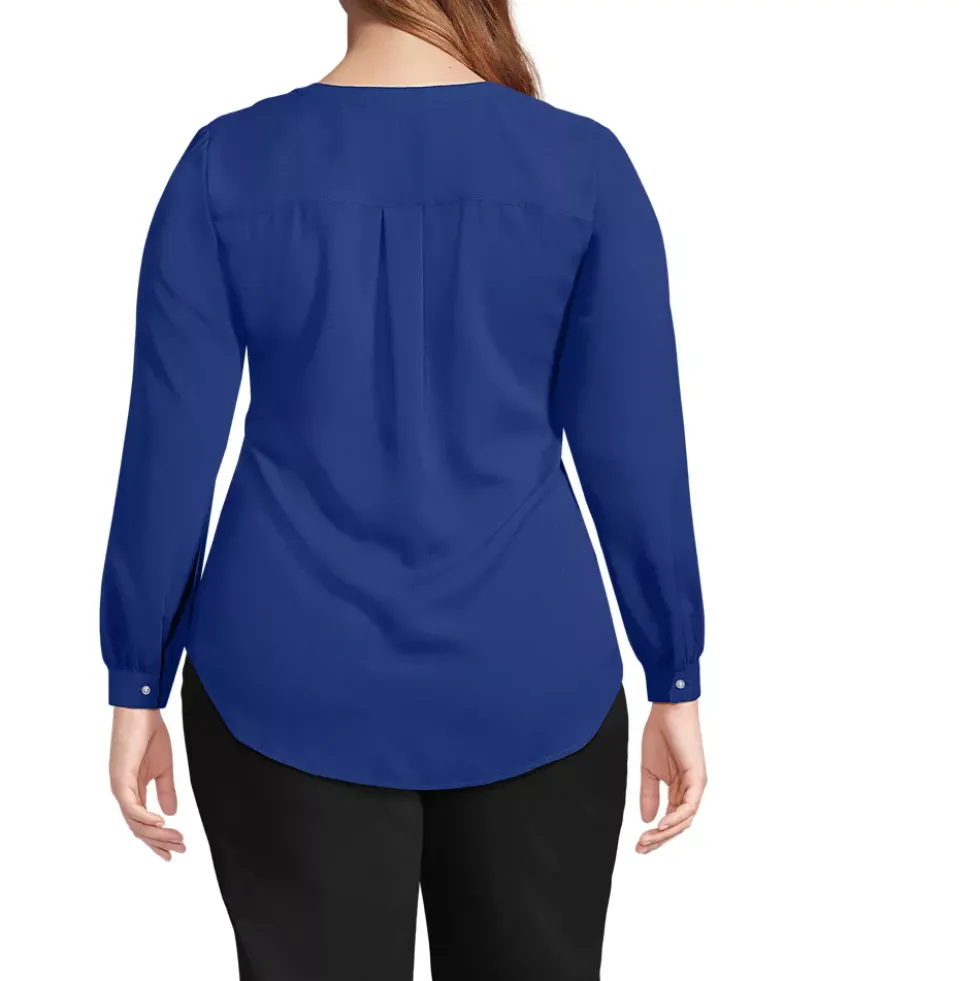 School Uniform Women's Shirred Long Sleeve Split Neck Blouse