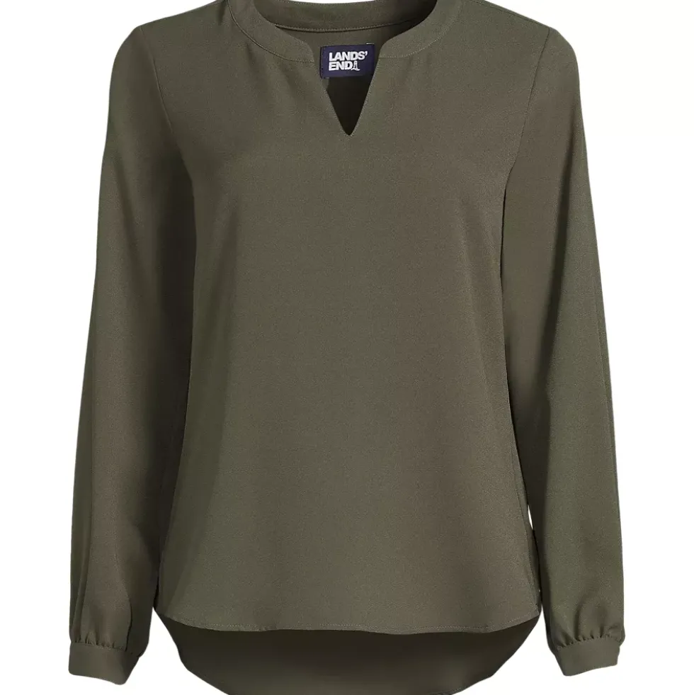 School Uniform Women's Shirred Long Sleeve Split Neck Blouse