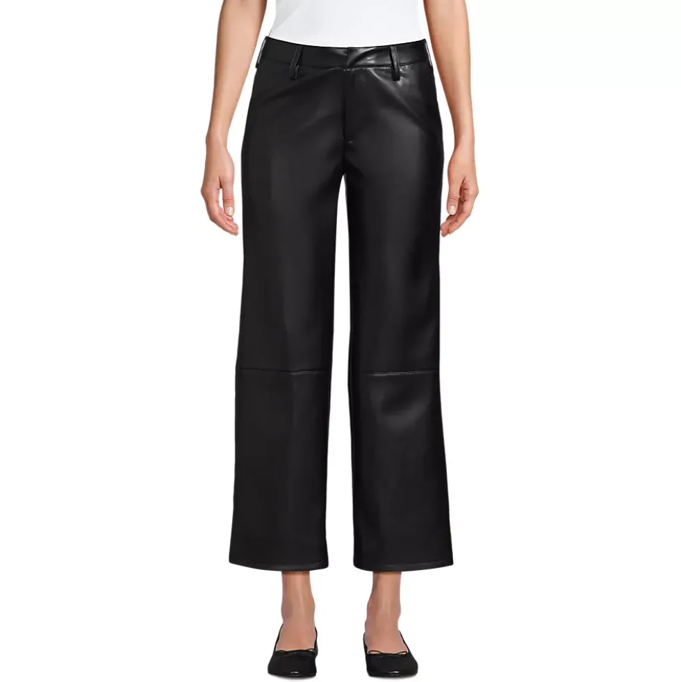 Women Faux Leather Mid Rise Relaxed Straight Leg Crop Pants