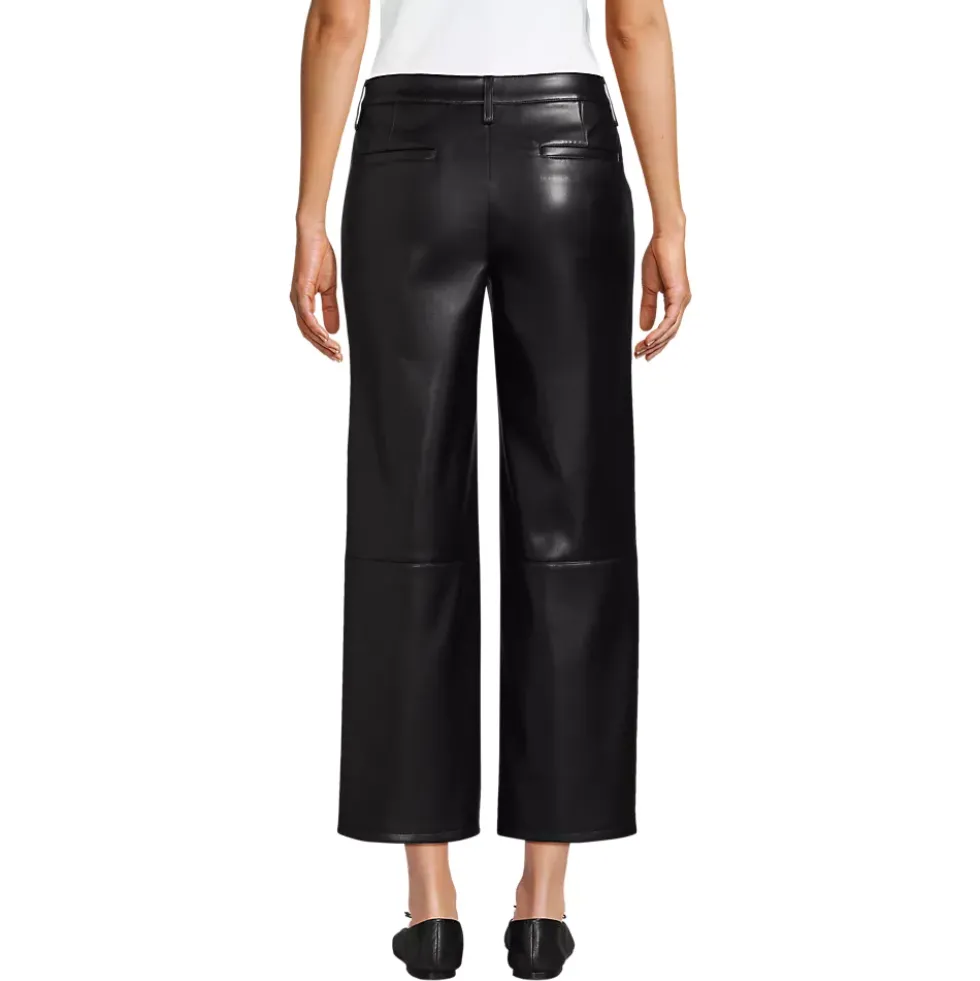 Women Faux Leather Mid Rise Relaxed Straight Leg Crop Pants